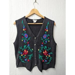 Vintage IC Isaacs Floral Embroidered Sweater Cottage Grandma Vest Size Medium
